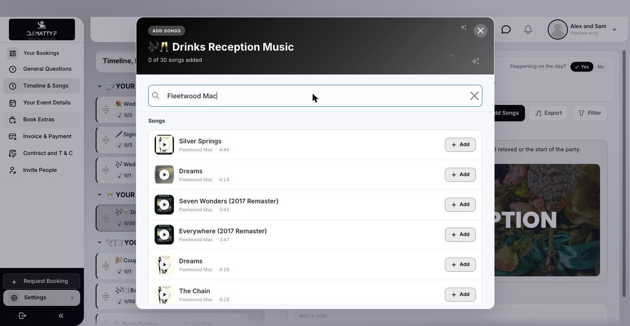 The planning portal&rsquo;s song search open on the drinks reception slot, with results listed and an add button beside each track